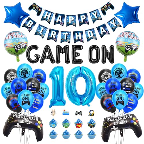 Gamer Deko 10. Geburtstag Jungen - Videospiel Luftballon 10. Geburtstag Blau Zahl 10 Folienballon Happy Birthday Banner Game Controller Luftballons für Kinder Junge Geburtstag Party Dekoration von Gleeve