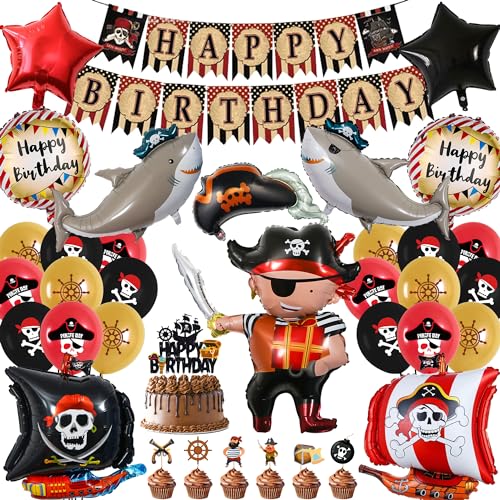 Piraten Deko Kindergeburtstag Luftballons - 60 Stück Piratenschif Folienballons Hai Ballons Happy Birthday Banner, Tortendeko, Cupcake Topper Set, Nautische Mottoparty Dekorationen für Jungen Mädchen von Gleeve