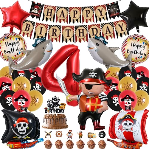 Piraten Deko Kindergeburtstag Luftballons - Dekorationen Zum 4. Geburtstag für Jungen Mädchen, 60 Stück Piratenschif Folienballons XXL Hai Ballons Happy Birthday Banner, Tortendeko, Cupcake Topper Set von Gleeve