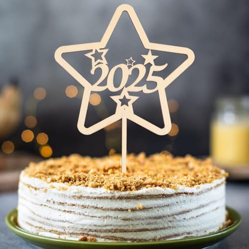 Gleevio 2025 Tortendeko Happy New Year,Holz Cake Topper Happy New Year 2025,Torten Topper Silvester Deko 2025,Kuchendeko Neujahr,Stern Tortendeko 2025,Torten Deko 2025 für Silvester Party Deko von Gleevio