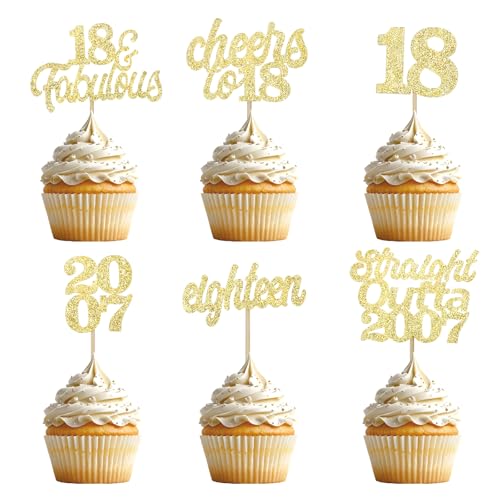 Gleevio 24 Stück Cupcake Deko 18.Geburtstag,Tortendeko 18. Geburtstag Junge Mädchen,Glitzer Cupcake Topper 18. Geburtstag,Cheers to 18 Muffin Deko 18 Geburtstag,2007 Eighteen Kuchen Deko 18 Geburtstag von Gleevio