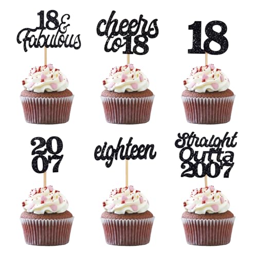 Gleevio Cupcake Deko 18.Geburtstag,24 Stück Tortendeko 18 Geburtstag Junge Mädchen,Glitzer Cupcake Topper 18. Geburtstag Deko,Muffin Deko 18 Geburtstag Schwarz,Cheers to 18 Kuchendeko Geburtstag 2007 von Gleevio