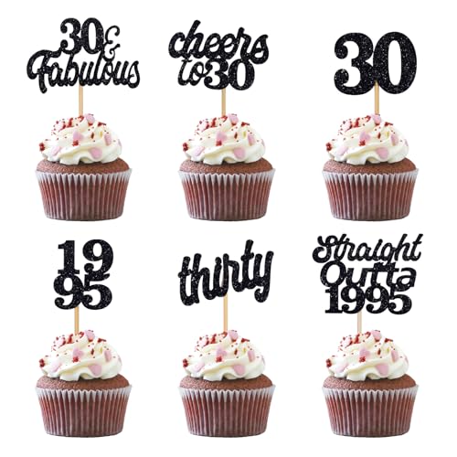 Gleevio Cupcake Deko 30 Geburtstag Männer,24 Stück Cupcake Topper 30.Geburtstag Deko Schwarz,Straight Outta 1995 Tortendeko 30 Geburtstag Frau,Muffin Deko 30 Geburtstag,Cake Topper 30 Geburtstag Deko von Gleevio