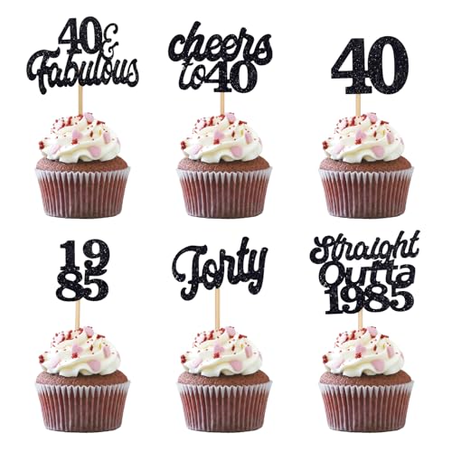 Gleevio Glitzer Deko 40 Geburtstag Männer Frauen,24 Stück Muffin Deko 40. Geburtstag,Glitzer Cupcake Topper 40. Geburtstag,Schwarz Tortendeko 40 Geburtstag Mann Frau,Cupcake Deko 40.Geburtstag 1985 von Gleevio