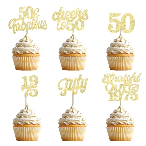 Gleevio Cupcake Topper 50 Geburtstag Gold,24 Stück Muffin Deko 50 Geburtstag Mann,Glitzer Tortendeko 50. Geburtstag Mann Frau,Cupcake Deko 50.Geburtstag,Geburtstagsdeko 1975 Kuchendeko 50 Geburtstag von Gleevio