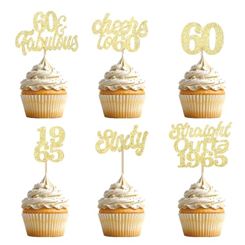 Gleevio Cupcake Topper 60 Geburtstag,24 Stück Muffin Deko 60 Geburtstag Mann Frau,Glitzer 60 Geburtstag Tortendeko Gold,Kuchendeko 60 Geburtstag Frau,Straight Outta 1965 Geburtstag Cupcake Deko 60 von Gleevio