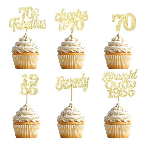 Gleevio Cupcake Topper 70 Geburtstag,24 Stück Muffins Deko 70 Geburtstag,Glitzer Gold Tortendeko 70 Geburtstag Mann Frau,Kuchendeko 70. Geburtstag Frau,Straight Outta 1955 Geburtstag Cupcake Deko 70 von Gleevio