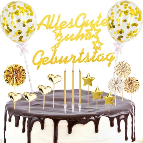 Gleevio 23 Stück Happy Birthday Tortendeko Gold,Glitzer Cake Topper Geburtstag,Alles Gute zum Geburstagstorte Deko mit Geburtstagskerzen,Kuchendeko Geburtstag für Mädchen Jungen Frauen Mann von Gleevio