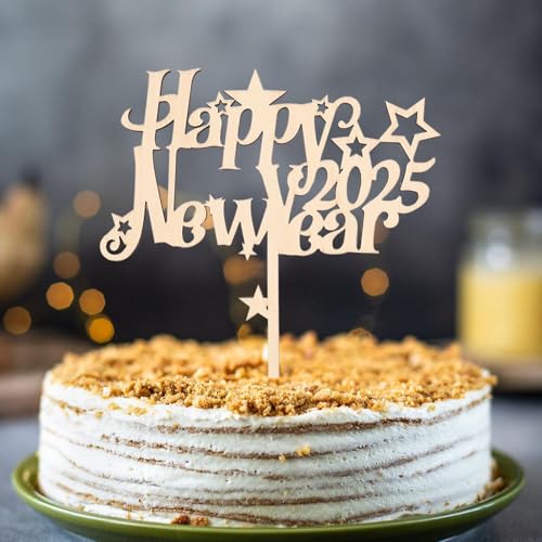 Gleevio Holz Cake Topper Happy New Year 2025,Silvester Deko 2025 Tortendeko Happy New Year,Kuchendeko Neujahr,Torten Topper Neujahr,Happy New Year Torten Deko 2025,Deko Kuchen 2025 Topper von Gleevio