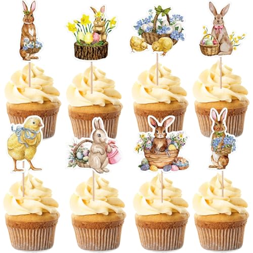 Gleevio Ostern Tortendeko,24 Stück Ostern Cupcake Topper Hasen Deko,Ostern Kuchendeko,Hasen Küken Osterei Cake Topper,Happy Easter Tortendeko,Ostern Muffin Deko für Ostern Party Deko,Kinder Geburtstag von Gleevio