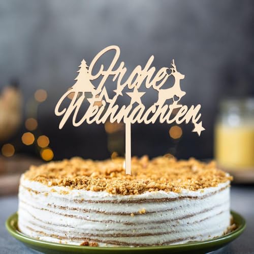 Gleevio Weihnachten Tortendeko,Frohe Weihnachten Cake Topper Holz,Weihnachten Kuchendeko 4 mm Dicke,Tortendeko Frohe Weihnachten,Weihnachten Deko Torte mit Weihnachtsbaum, Sternen, Elch,Größe 15x20cm von Gleevio