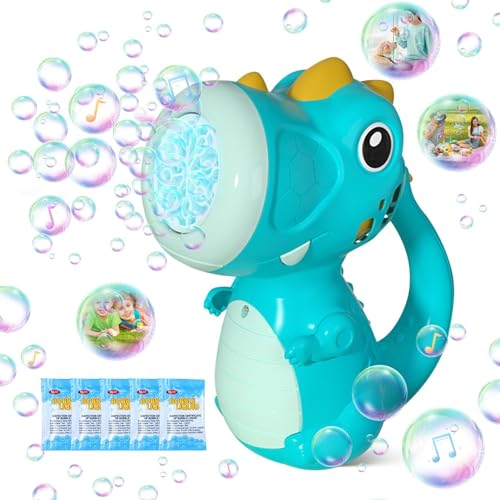 Dinosaurier-Blasenmaschine, Blasenmacher mit Musik, 360° auslaufsicheres Design, 8 Löcher, leuchtende Dinosaurier-Blasenmaschine, tragbare Seifenblasenpistole for Kinder (Color : Blue) von Glenmi