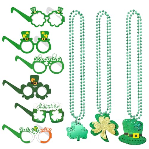 12-teiliges St. Patricks-Parade-Zubehör-Set, irisches Kleeblatt-Kostüm mit grünen Kleeblatt-Anhängern, Papierbrillenrahmen, Verkleidung für St. Patricks, Dekoration, Partyzubehör, Foto-Requisiten von Glirop