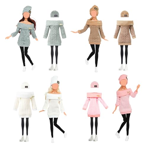 4 Set Puppenkleidung und Zubehör, 11,5 Zoll Mädchen Puppenkleidung Outfits Anzüge mit Strickmütze Mode Schulterfrei Pullover Kleid Hosen Schuhe Freizeitkleidung für Festival Weihnachten Geburtstag von Glirop