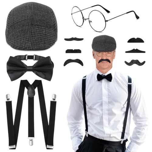 5-teiliges Gatsby-Kostüm-Zubehör-Set für Herren im Stil der 1920er-Jahre, mit Baskenmütze, Brille, Fliege, falscher Bart und Hosenträgern, Gangster-Kostüm-Set für Gatsby, Cosplay, Party von Glirop