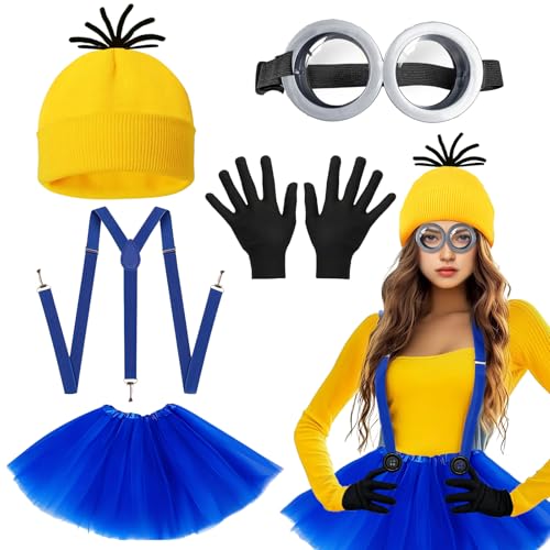 5-teiliges gelbes Kostümzubehör für Erwachsene, Kostüm-Set mit Brille, gelbe schwarze Handschuhe, Beanie, Strickmütze, Tutu, Rock, blaue Riemen, Partykostüme für Halloween, Cosplay, Partyzubehör von Glirop