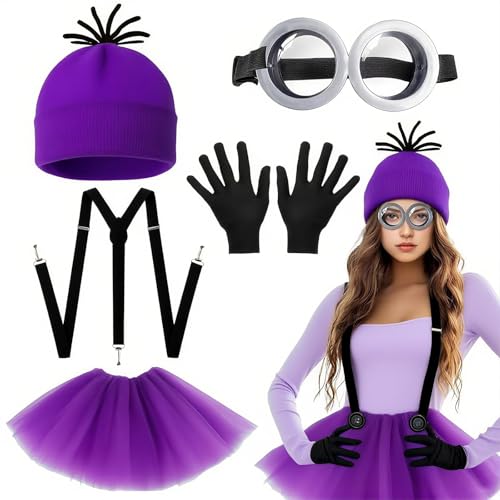 5-teiliges gelbes Kostümzubehör für Erwachsene, Kostüm-Set mit Brille, schwarze Handschuhe, Beanie, Strickmütze, Tutu, Rock, blaue Riemen, Partykostüme für Halloween, Cosplay, Partyzubehör 5-teiliges gelbes Kostümzubehör für Erwachsene, Kostüm-Set mit Brille, schwarze Handschuhe, Beanie, Strickmütze, Tutu, Rock, blaue Riemen, Partykostüme für Halloween, Cosplay, Partyzubehör von Glirop