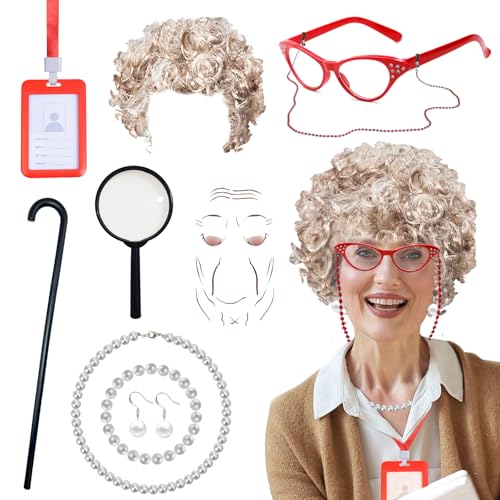 9-teiliges Kostüm für alte Dame, Oma Kostüm-Set mit Perücke, Brille, Ausweis, Falten-Tattoos, Perlenschmuck, Stocklupe, Verkleidung für Karneval, Halloween, Weltbücher, Cosplay, Party von Glirop