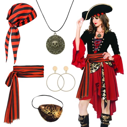 Piratenkostüm-Zubehör, Mittelalter-Banda-Set, Renaissance-Kapitän, Rollenspiel-Set mit gestreiftem Kopftuch, Schärpe, goldene Halskette, Armband, Augenklappe, Ohrring für Damen, Herren, Halloween, von Glirop