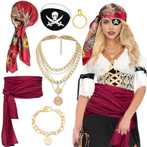 Piratenkostüm-Zubehör, mittelalterliches Bandana-Set, Renaissance-Kapitän, Rollenspiel-Set mit Kopftuch, burgunderrote Schärpe, goldene Halskette, Armband, Augenklappe, Ohrringe für Damen, Herren, von Glirop