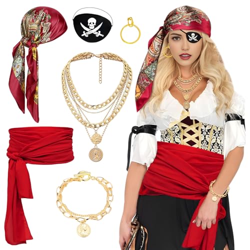 Piratenkostüm-Zubehör, mittelalterliches Bandana-Set, Renaissance-Kapitän, Rollenspiel-Set mit leuchtendem Kopftuch, Schärpe, goldene Halskette, Armband, Augenklappe, Ohrring für Damen, Herren, von Glirop