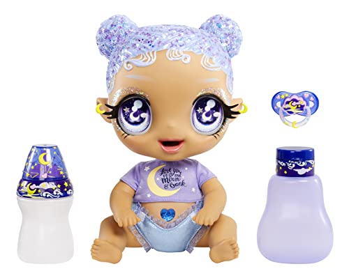 Glitter Babyz MGA Selena Stargazer - Babypuppe mit 3 magischen Farbwechseln durch eiskaltes Wasser, Lila Glitzer-Haar, Mond und Sterne-Outfit, Windel, Flasche und Schnuller - Für Kinder ab 3 Jahren von MGA Entertainment