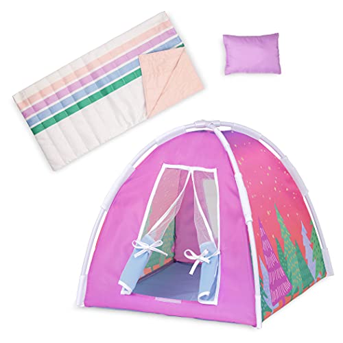 Glitter Girls GG57203Z Puppenzubehör – Puppenhaus Zubehör Set mit Zelt, Schlafsack, Kissen – Accessoires für 36 cm Puppen, Puppenmöbel Spielzeug für Kinder ab 3 Jahre (16 Teile), Pink von Glitter Girls