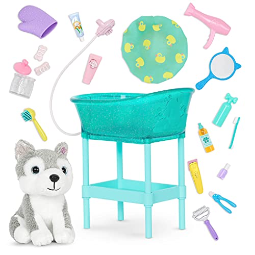 Glitter Girls Puppenzubehör – Kuscheltier Hund Husky mit Tierpflege Zubehör Set – Accessoires für 36 cm Puppen, Plüschtier und Puppenhaus Puppenmöbel Spielzeug für Kinder ab 3 Jahre von Glitter Girls