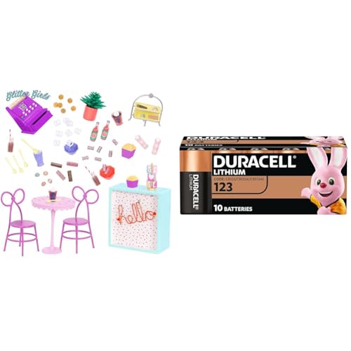 Glitter Girls Puppenzubehör – Café Terrasse Zubehör Set für den Süßwarenladen mit Möbeln, Kasse, Essen für 36 cm Puppen – Spielzeug für Kinder ab 3 Jahren + Duracell High Power Lithium 123 Batterie 3 von Glitter Girls