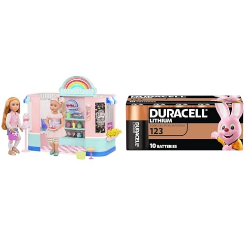 Glitter Girls Sweet Shop Puppenhaus groß mit Puppenzubehör – Spielzeug Süßwarenladen für 36 cm Puppen – Set mit über 200 Teilen für Kinder ab 3 Jahren + Duracell High Power Lithium 123 Batterie 3 V (C von Glitter Girls