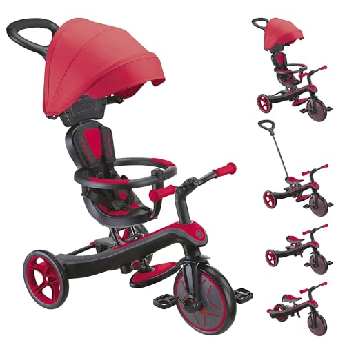 GLOBBER Explorer Trike 4in1 Pro in Rot – Dreirad, Laufrad und Kinderwagen in 10/8,5 Zoll – TPR-Sitz – höhenverstellbares Kinderfahrzeug von Globber