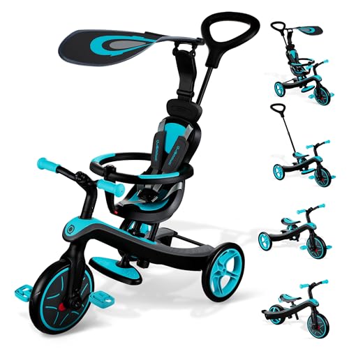 GLOBBER EXPLORER TRIKE 4in1 – Kinderwagen, Dreirad und Laufrad, 10/8,5 Zoll, TPR-Sitz, höhenverstellbar, türkis von Globber