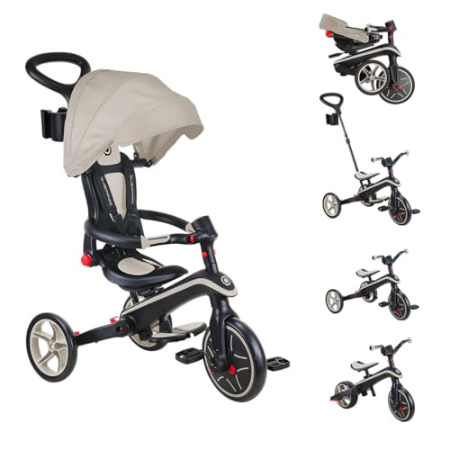 GLOBBER Explorer Trike Foldable 4in1 Beige – Dreirad, Laufrad und Kinderwagen in 10/8,5 Zoll – TPR-Sitz – höhenverstellbares Kinderfahrzeug von Globber