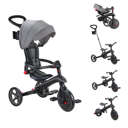 GLOBBER Explorer Trike Foldable 4in1 schwarz-grau – Dreirad, Laufrad und Kinderwagen in 10/8,5 Zoll – TPR-Sitz – höhenverstellbares Kinderfahrzeug von Globber