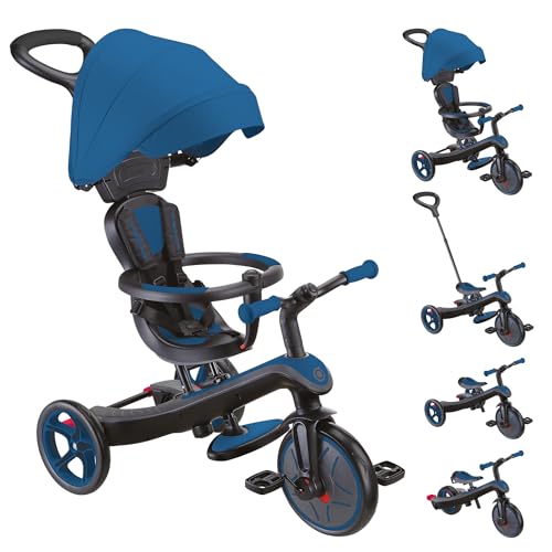 GLOBBER Explorer Trike 4in1 Pro in Blau – Dreirad, Laufrad und Kinderwagen in 10/8,5 Zoll – TPR-Sitz – höhenverstellbares Kinderfahrzeug von Globber