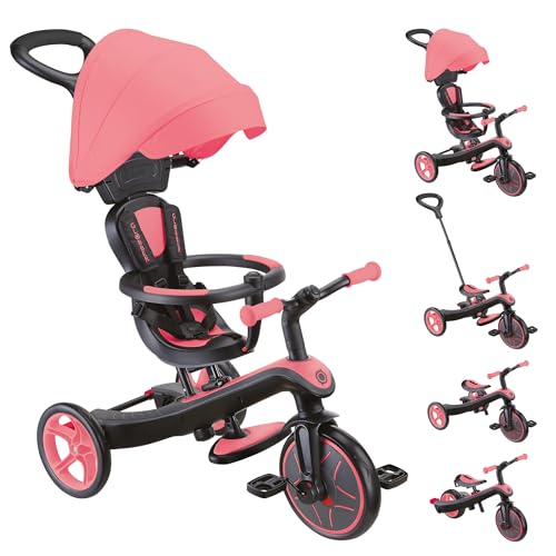 GLOBBER Explorer Trike 4in1 Pro in Coral Pink – Dreirad, Laufrad und Kinderwagen in 10/8,5 Zoll – TPR-Sitz – höhenverstellbares Kinderfahrzeug von Globber