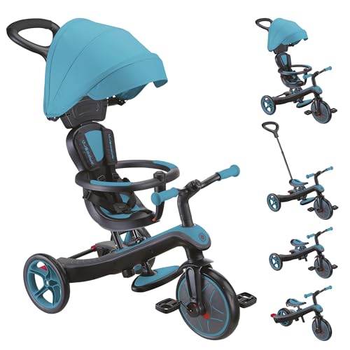 GLOBBER Explorer Trike 4in1 Pro in Türkis – Dreirad, Laufrad und Kinderwagen in 10/8,5 Zoll – TPR-Sitz – höhenverstellbares Kinderfahrzeug von Globber