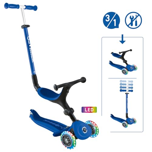 Globber Go-Up Aktiv Lichter 3-in-1 Kinderfahrzeug mit patentiertem Klappmechanismus, 120 mm Vorderräder und LED-Leuchtrollen, blau von Globber