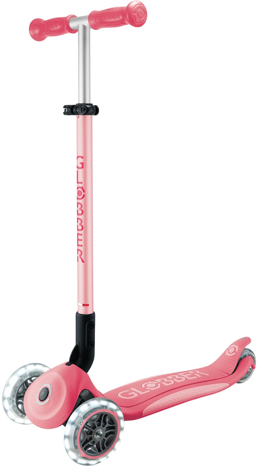 Globber Primo Plus Lights V2 3-rädriger Klapp-Tretroller, Coral Pink von Globber