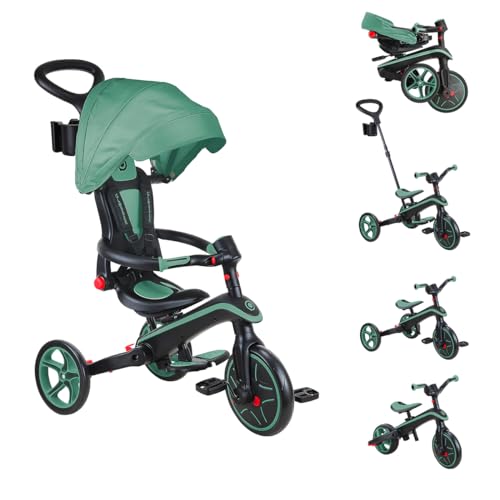 GLOBBER Explorer Trike Foldable 4in1 - Oliv grün - Dreirad, Laufrad und Kinderwagen in 10/8,5 Zoll - TPR-Sitz - höhenverstellbares Kinderfahrzeug von Globber