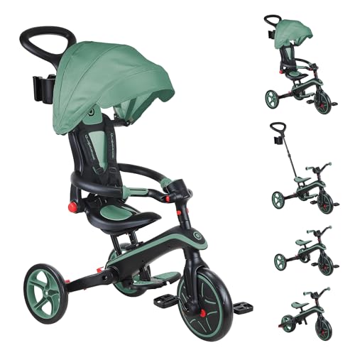 GLOBBER Explorer Trike Foldable 4in1 - Oliv grün - Dreirad, Laufrad und Kinderwagen in 10/8,5 Zoll - TPR-Sitz - höhenverstellbares Kinderfahrzeug von Globber