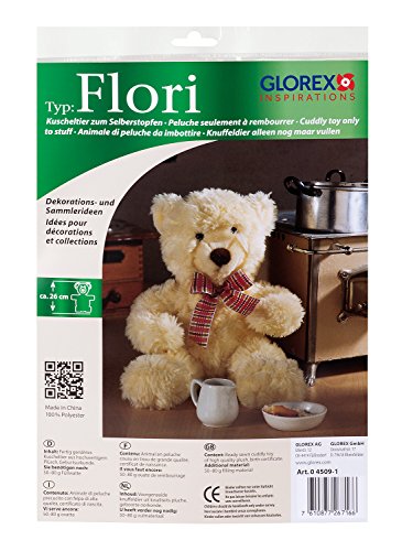 GLOREX 0 4509-1 - Kuscheltier zum Selberstopfen Teddy Flori, ca. 26 cm groß, aus hochwertigem Plüsch genäht, muss nur noch befüllt werden, mit Geburtsurkunde von GLOREX