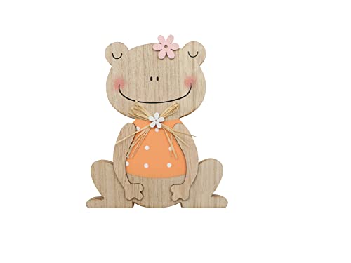 GLOREX 6 1860 401 - Holzfrosch, Figur zum Hinstellen mit orangefarbigem Shirt, ca. 10 x 12 x 2 cm, dekoriert mit zwei Blümchen von GLOREX