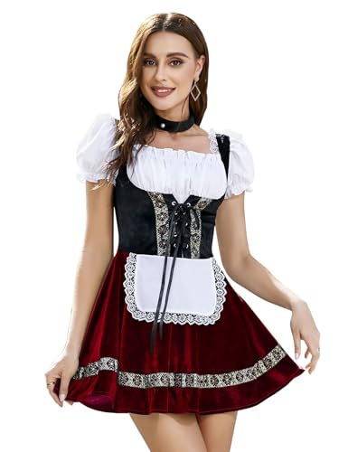 GloryStar Deutsche Oktoberfest-Kostüme für Damen, traditionelles bayerisches Biergarten, Samt, 1-teiliges Dirndlkleid, Einteiler, Burgunderrot, süße Schönheit, XL von GloryStar