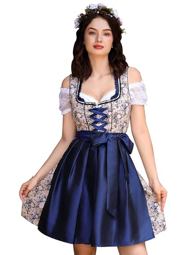 GloryStar Deutsches Dirndlkleid Damen Trachtenkleid Bayerischer Biergarten 3 Stück Oktoberfest Kostüme Sommer Blau 2XL von GloryStar