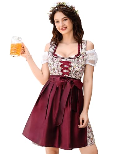 GloryStar Deutsches Dirndlkleid Damen Trachtenkleid Bayerischer Biergarten 3 Stück Oktoberfest Kostüme Sommer Rot 2XL von GloryStar