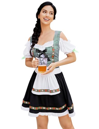 GloryStar Deutsches Dirndlkleid für Damen, traditionelles bayerisches 1-teiliges Biergarten, Oktoberfest-Kostüme, grün, kariert, grau, 2XL von GloryStar