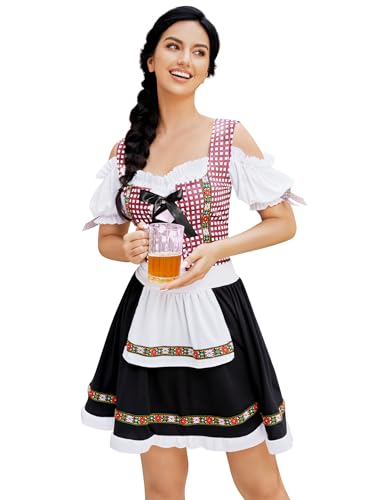 GloryStar Deutsches Dirndlkleid für Damen, traditionelles bayerisches 1-teiliges Biergarten, Oktoberfest-Kostüme, rot, kariert, grau, 2XL von GloryStar