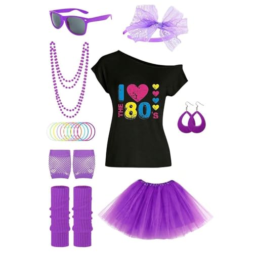 Glugahrif 80er Jahre Outfit für Damen, 80er Jahre Outfit, T-Shirt Rock Tutu | 80er Jahre Cosplay Kostüm, 80er Jahre Kostüm-Zubehör-Set, Halloween-Kostüm von Glugahrif