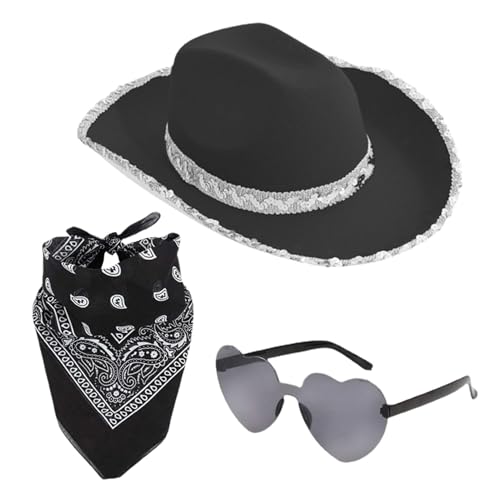 Glugahrif Cowboy Cap Cowboy Girl Heart Sunglasses Frauen Schal Set, Feather Feather Ornament Cap Kostüm für Damen Cosplay Vintage Dekoration Party von Glugahrif